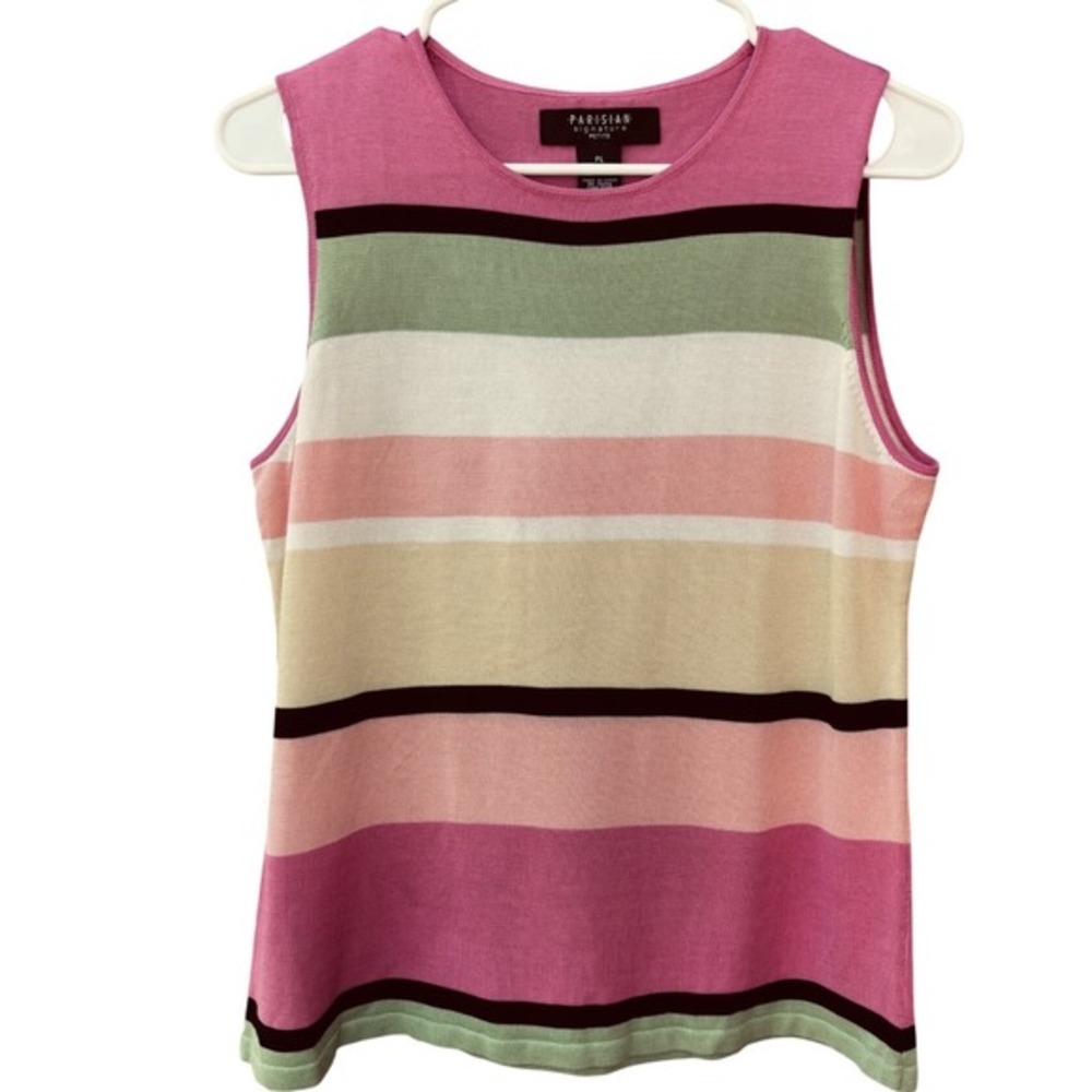 Parisian Signature Petite 100% Silk Striped Sleeveless Knit Top Pink Green PL - Picture 3 of 7